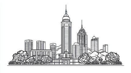 Fototapeta premium City Skyline Line Drawing, Modern Architecture, Urban Landscape, Background Use
