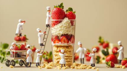 miniature pastry chefs in white aprons are using ladders to place a tall glass of delicious strawberry parfait and decorate it with strawberries.banner web flyer