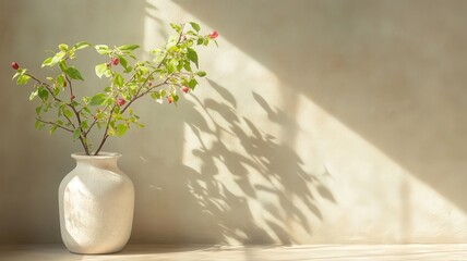 Fototapeta premium Sunlit Green Plant with Red Berries in White Vase Against Beige Wall