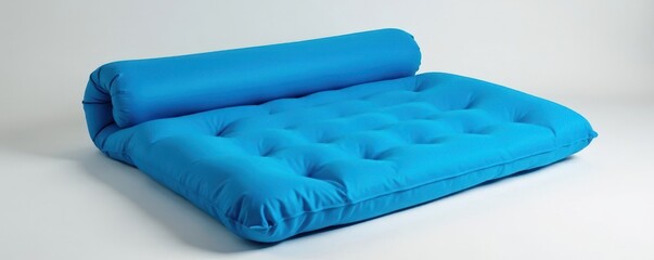 Compact rolled blue inflatable camping mattress, equipment, foam, roll-up