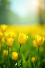 Fototapeta premium Expansive view, bright yellow tulips in a sun-drenched spring meadow , scenery, floral, bloom