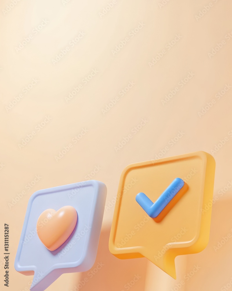 Poster colorful 3d speech bubbles with heart and check mark icons on soft background