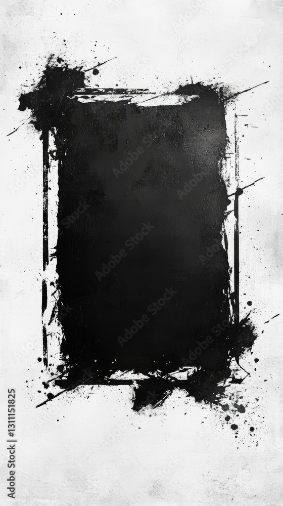 Poster a minimalistic design featuring a black frame with splatter effects on a light background, creating 