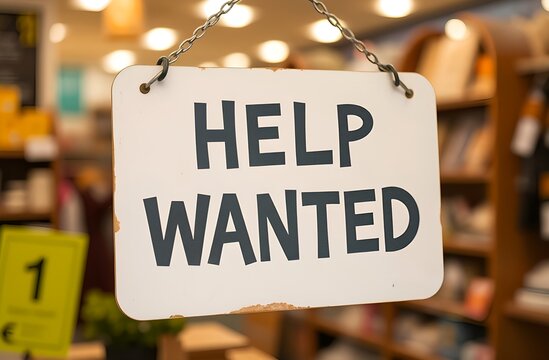 Open Position: A 'Help Wanted' sign with a vintage aesthetic, beckons to potential employees, signifying an employment opportunity.