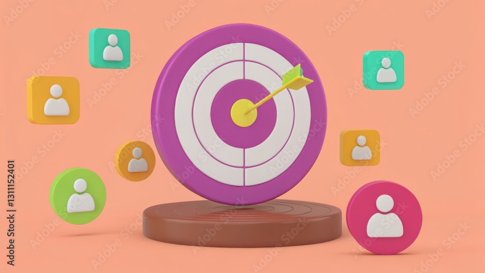 Poster colorful target with arrow and user icons representing marketing goals and success metrics