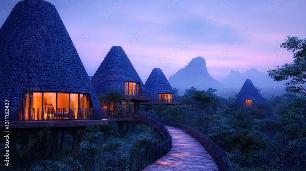 Poster Serene Sunset Over Unique Cone-Shaped Architecture in Tranquil Forest Setting