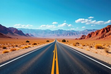 Sun-baked asphalt ribbon vanishes into distant desert mountains under vast blue sky , image, travel