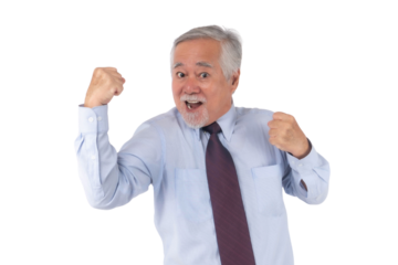 Excited senior Asian businessman celebrating success with energetic fists in the air, wearing a formal shirt and tie against isolated on a transparent background , lifestyle senior people concept