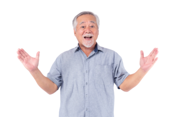 Happy senior Asian man with gray hair and beard smiling cheerfully, spreading arms in excitement, wearing casual gray shirt, standing isolated on a transparent background