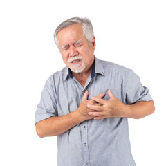 Senior Asian man experiencing chest pain, showing signs of a heart attack or cardiovascular problem, wearing a casual gray shirt and standing against , isolated on a transparent background
