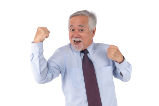 Excited senior Asian businessman celebrating success with energetic fists in the air, wearing a formal shirt and tie against isolated on a transparent background , lifestyle senior people concept
