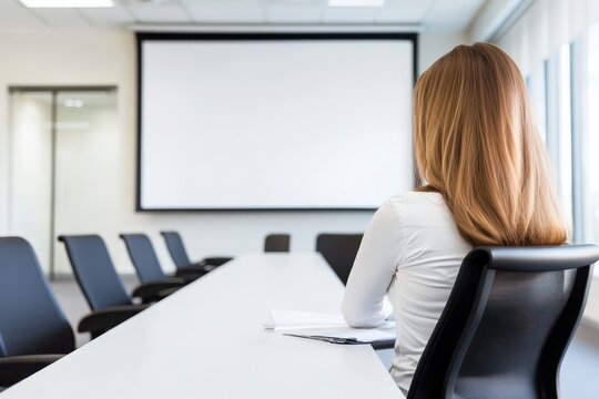 Woman Alone In Conference Room Staring At Screen Ahead.