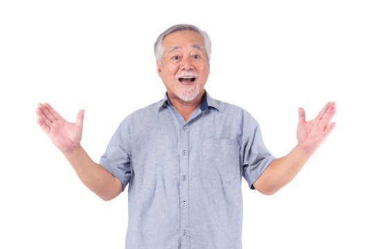 Happy senior Asian man with gray hair and beard smiling cheerfully, spreading arms in excitement, wearing casual gray shirt, standing isolated on a transparent background