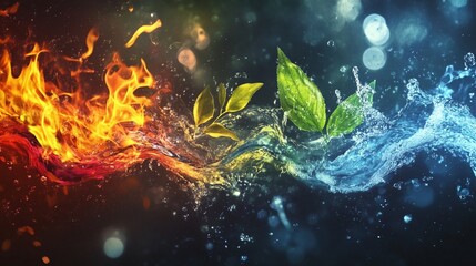 splash of water and fire, two contrasting elements of nature with leaves 