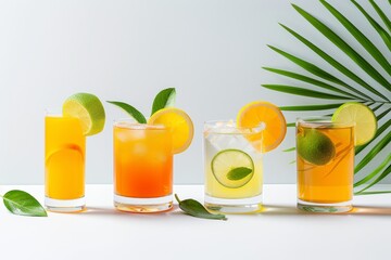 Four Refreshing Iced Citrus Drinks with Palm Leaf Garnish