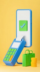 Modern mobile payment technology with a cash register, cash, and shopping bags on a yellow backdrop