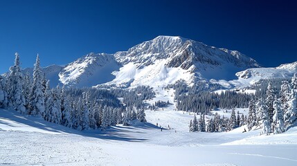Explore Majestic Snow-Capped Mountain with Clear Blue Sky and Pine Trees