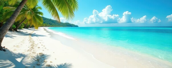 Fototapeta premium Empty desk with vibrant beach scene; turquoise water, white sand, white, photography
