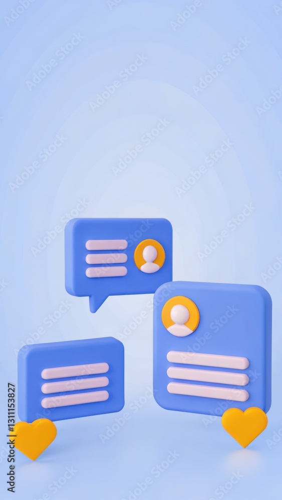 Poster colorful 3d speech bubbles with hearts representing communication and connection themes