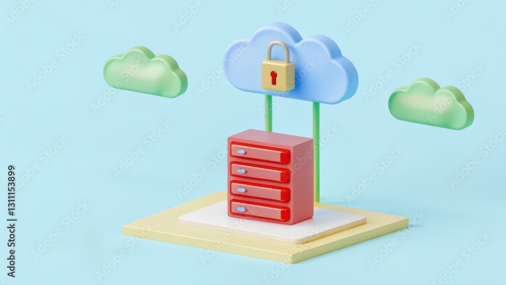Poster cloud storage with locked server and security features in a modern illustration style