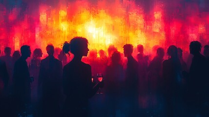 Crowded cocktail party with people conversing in the background but a sharp spotlight is focused on one persons conversation creating an isolated bubble of attention