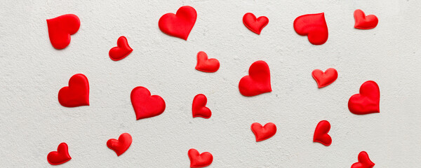 Valentine day background with red hearts, top view with copy space