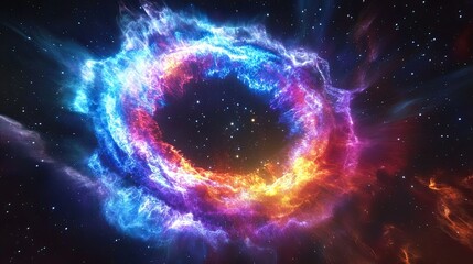 A colorful nebula in space, with stars and galaxies visible around it