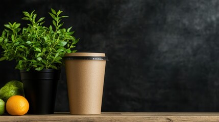Fresh Greens and Eco-Friendly Cup with Citrus in Rustic Natural Setting