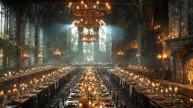 Medieval banquet hall, candlelit, grand feast, historical interior, inspiring, potential use stock photo