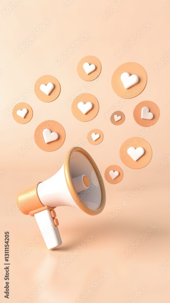 Poster megaphone with heart icons on soft background for communication and love expression
