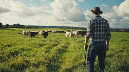 Farmer overseeing cattle in a green pasture under blue sky  