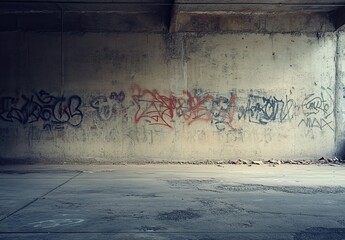A concrete wall with graffiti on it, a gray cement floor, street art, urban environment