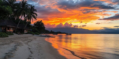 Stunning Tropical Beach Sunset Reflected on Calm Ocean Water