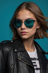Stylish woman wearing teal sunglasses and a leather jacket against a bright blue background. Edgy fashion.