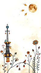 Musical Serenity: A vibrantly artistic scene features an ornamental instrument adorned with intricate designs set amidst stylized flora, basking gently beneath a celestial sun.