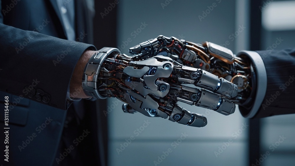 Poster businessman and robot handshake about tech innovation, machine learning progress and partnership wit