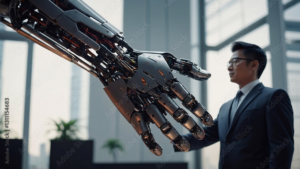 Poster businessman and robot handshake about tech innovation, machine learning progress and partnership wit