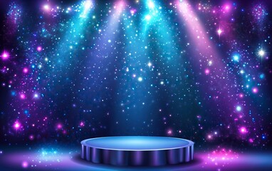 Abstract blue and purple background with an empty podium for product presentation and glowing neon light on a dark background. Vector illustration, the winner of the Valery Brough stock photo contest,