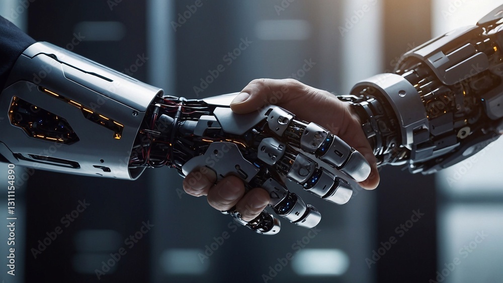 Poster businessman and robot handshake about tech innovation, machine learning progress and partnership wit