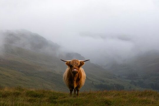 Highland Cow in Misty Mountains