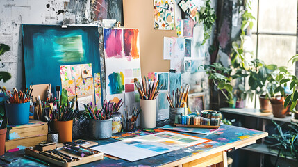 Creative art studio workspace home photography bright environment overhead view artistic inspiration