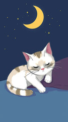 Fototapeta premium Dreamy Cat Under the Moon: A charming illustration of a sweet cat sleeping soundly under a glowing crescent moon and twinkling stars, evoking a sense of peaceful slumber and nighttime serenity.