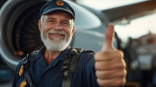 Pilot giving thumbs up at airport aviation portrait daylight positive vibes