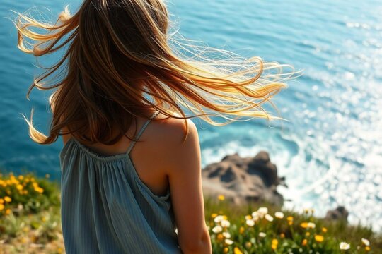 A young woman with long, light brown hair blowing in the wind stands on a grassy hill, gazing at the vast ocean. 