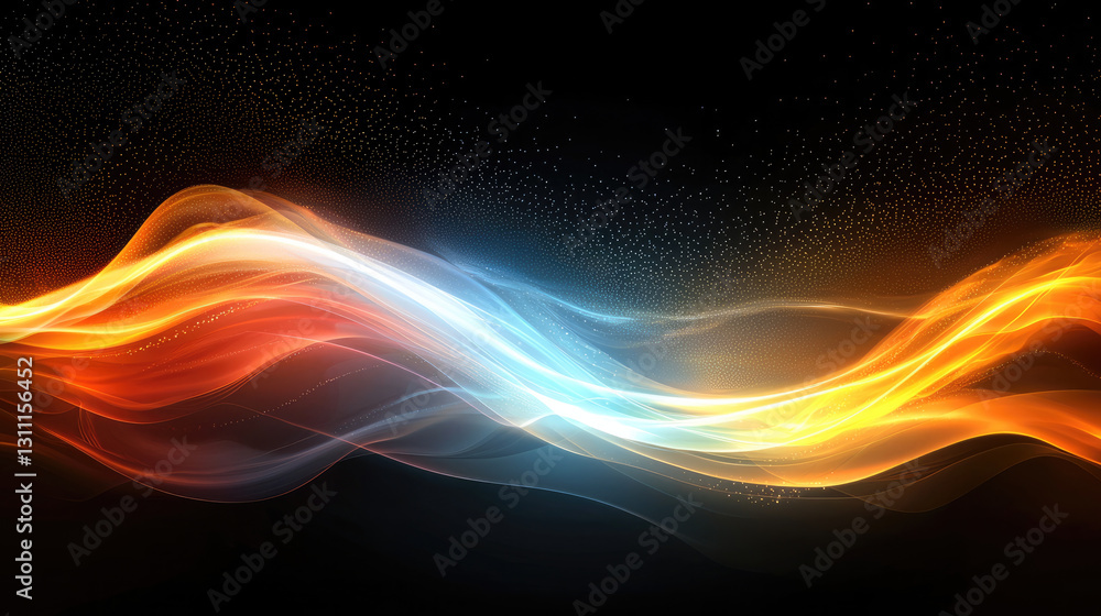 Poster vibrant abstract waves orange, blue, and white colors create dynamic visual effect. flowing lines ev