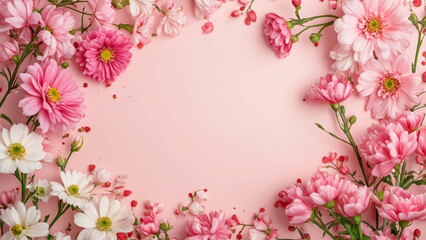 Fototapeta premium Floral Frame: An elegant assortment of vibrant pink and white flowers delicately arranged in a frame. The pink background provides a soft, romantic backdrop to the floral display.