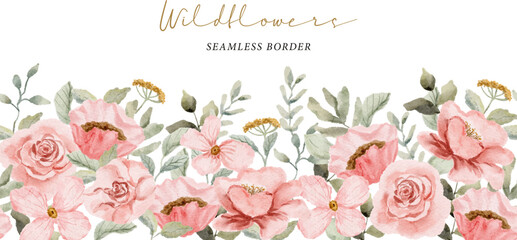 delicate pink floral watercolor seamless border