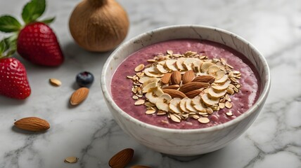 Fototapeta premium A smoothie bowl with almond flakes on a marble countertop