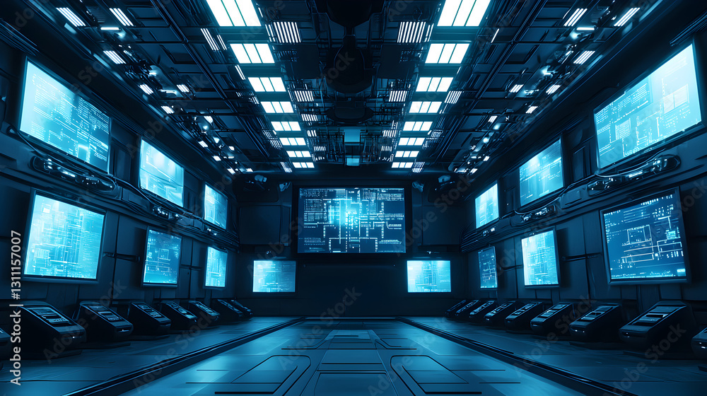 Poster advanced technology command center futuristic lab digital screens high-tech environment wide-angle v