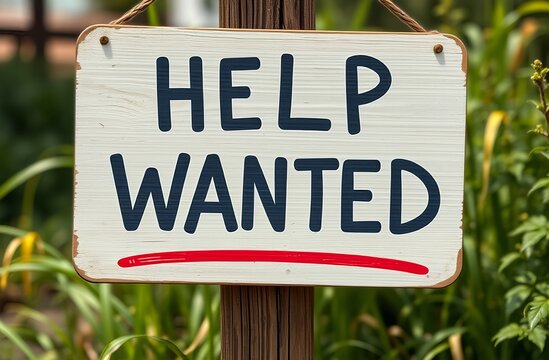 "Help Wanted" Sign: A weathered wooden sign displaying the words "Help Wanted," hanging on a post with a vibrant green natural background.